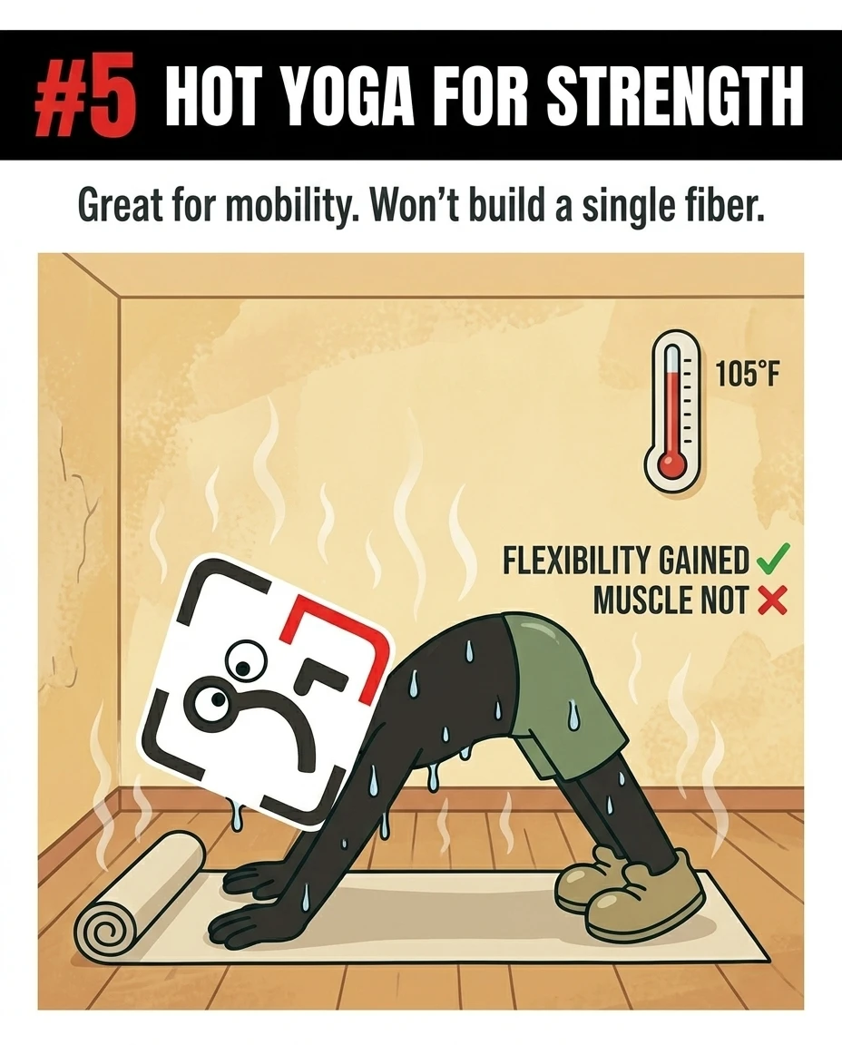 The GainFrame mascot sweats profusely in a downward dog pose in a hot room, illustrating that hot yoga improves flexibility but does not build muscle strength.