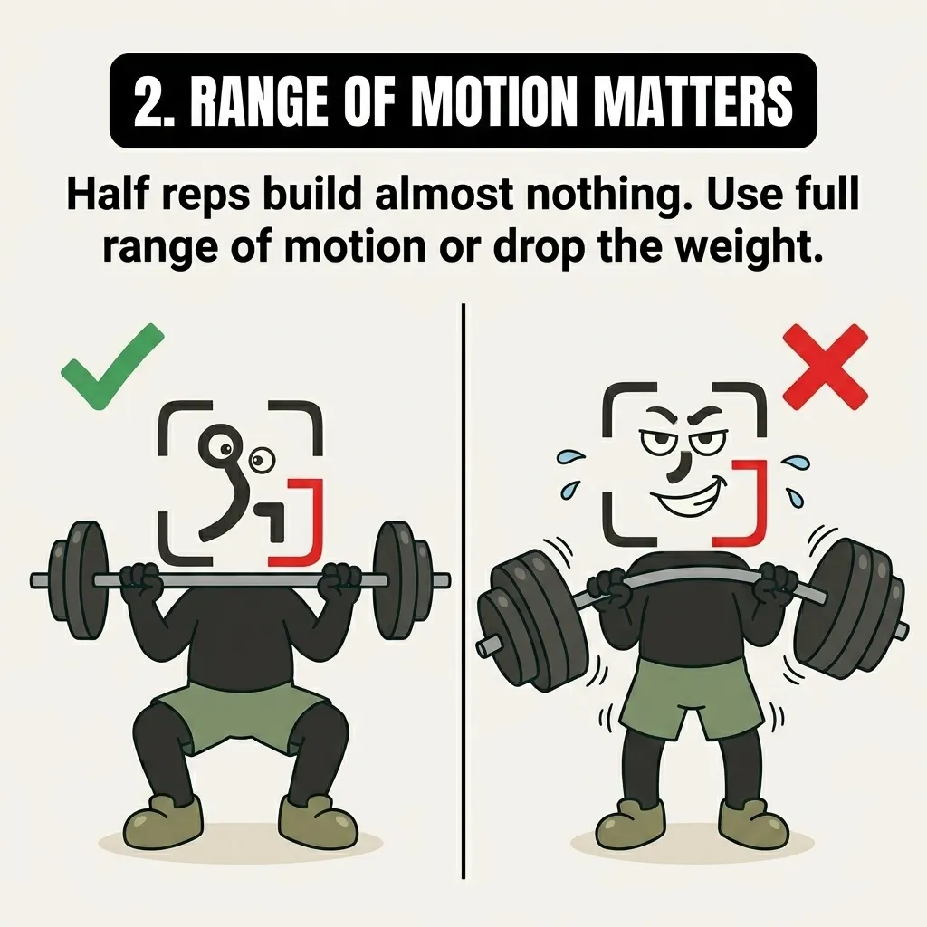 A split-screen comparison shows the GainFrame mascot executing a full-range squat versus performing a shallow half-rep with too much weight.