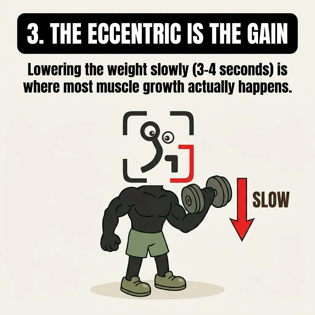 The muscular GainFrame mascot slowly lowers a dumbbell, emphasizing that controlling the eccentric phase of a lift is crucial for muscle growth.