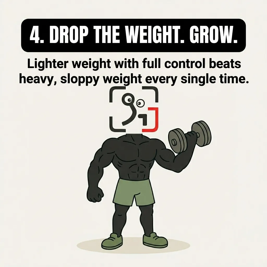 The muscular GainFrame mascot stands confidently while holding a dumbbell with perfect control, demonstrating that lifting lighter weights leads to better muscle growth.