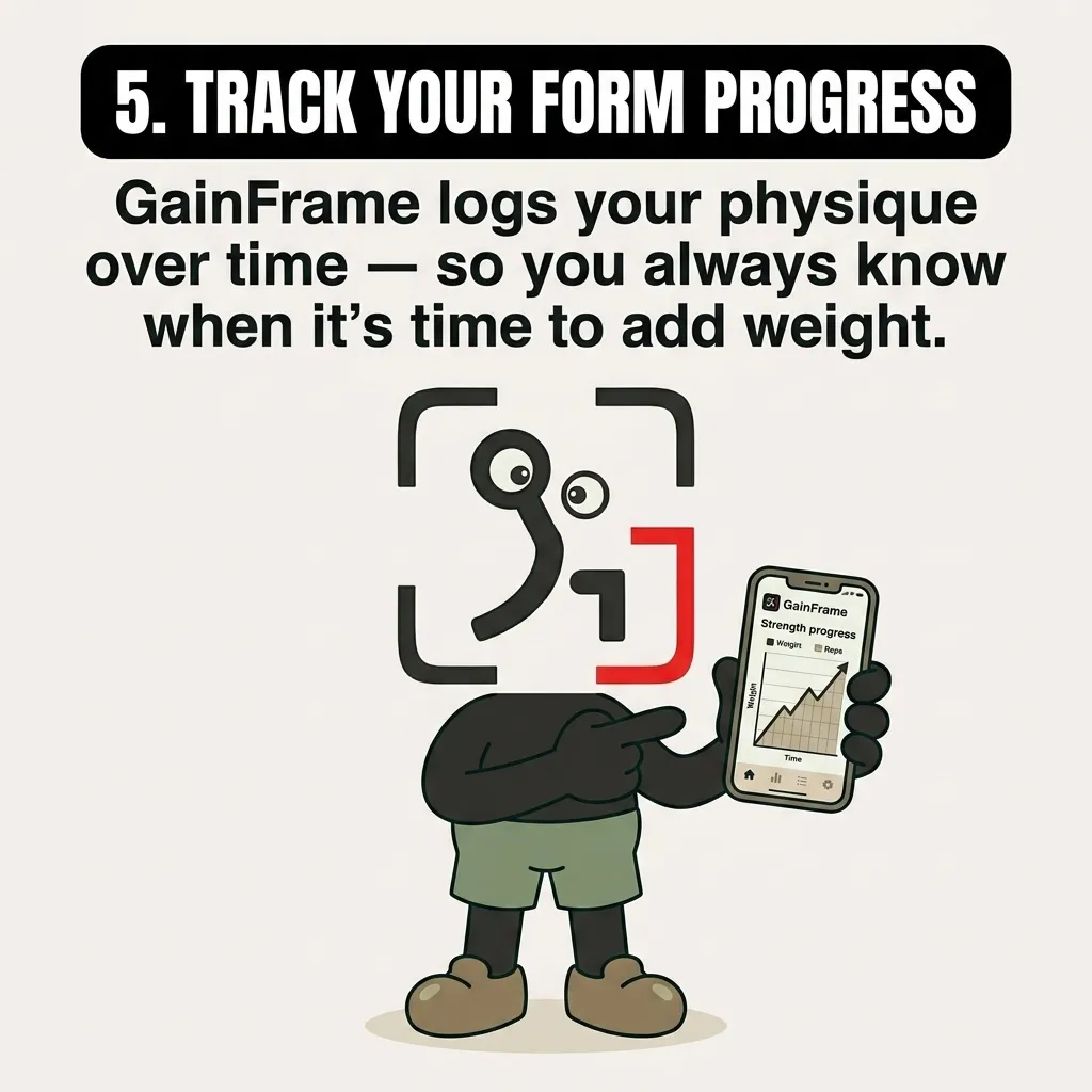 The GainFrame mascot points to a smartphone displaying a strength progress graph, highlighting the importance of tracking form and progress over time.