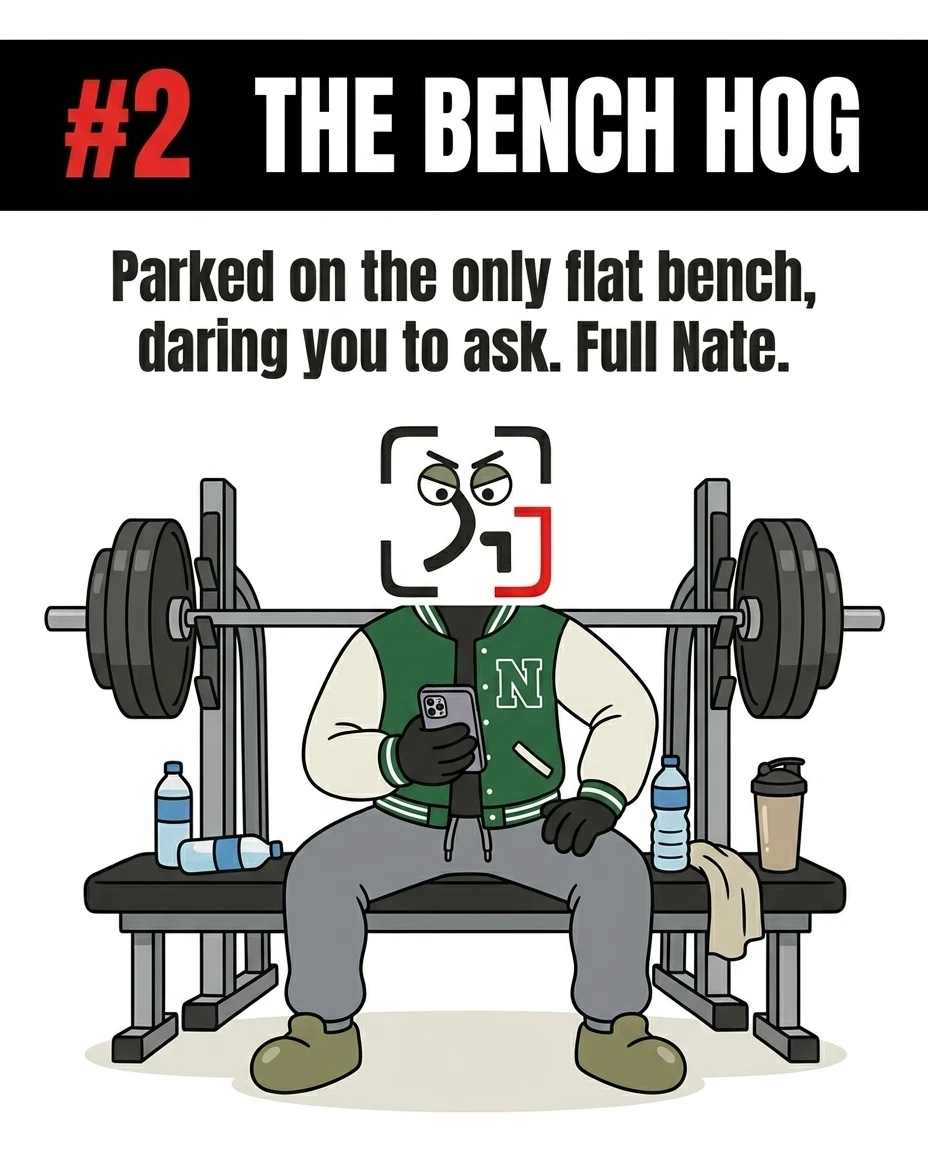 The GainFrame mascot is depicted as 'The Bench Hog,' sitting on a flat bench press while staring angrily at a phone, representing gym-goers who block equipment.