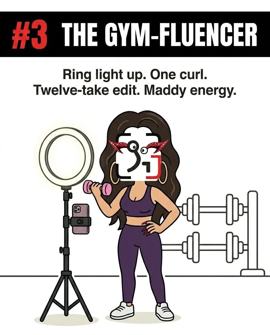 The GainFrame mascot is depicted as 'The Gym-Fluencer,' posing with a pink dumbbell next to a ring light and phone tripod to highlight social media obsession at the gym.