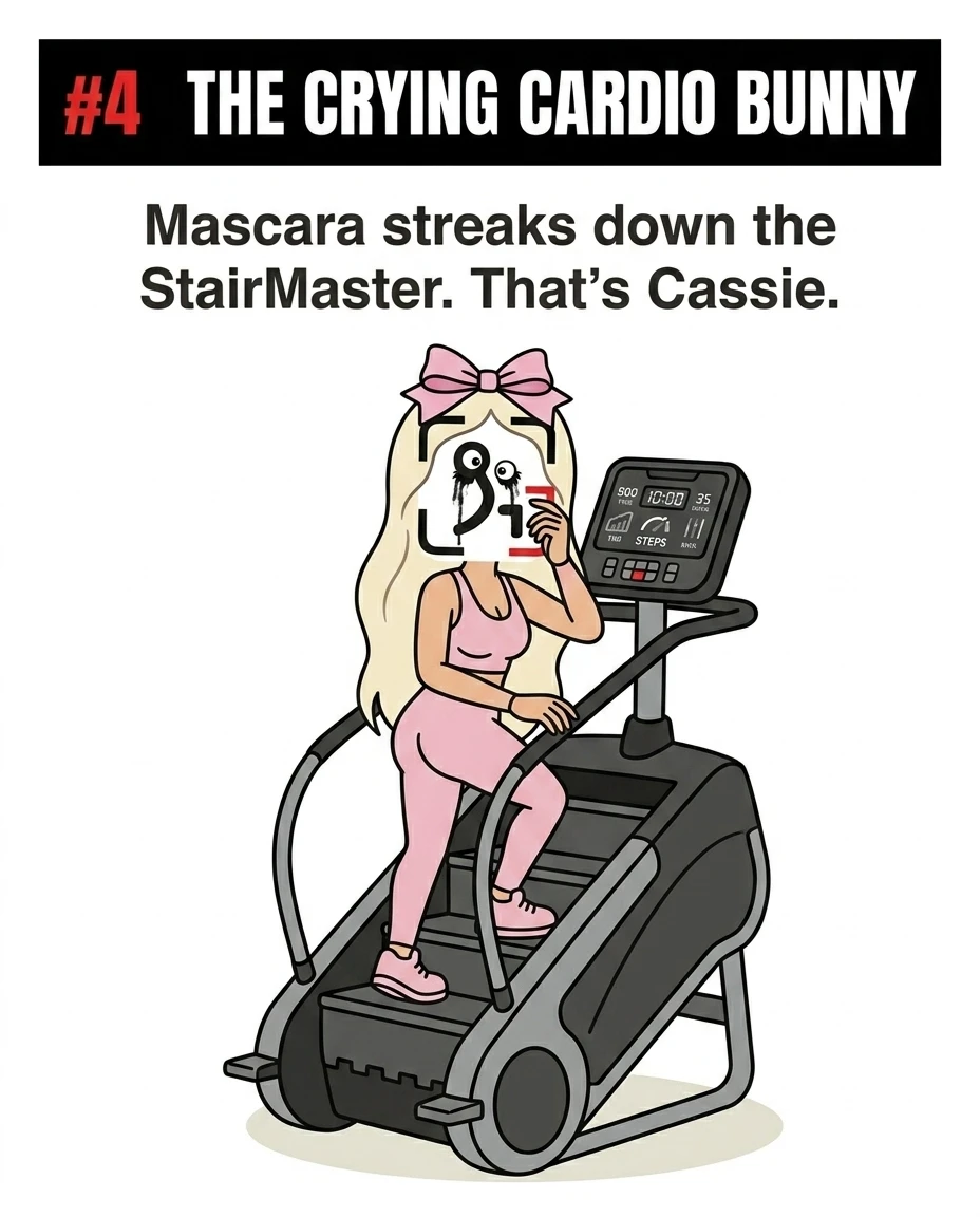 The GainFrame mascot is depicted as 'The Crying Cardio Bunny,' walking on a StairMaster with running mascara to show emotional workouts.