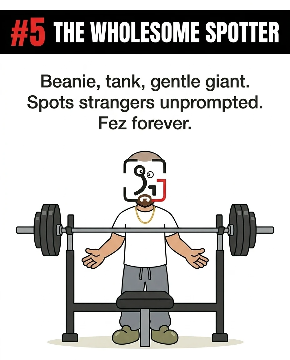 The GainFrame mascot is depicted as 'The Wholesome Spotter,' standing ready with open arms behind a bench press to represent helpful and friendly gym members.