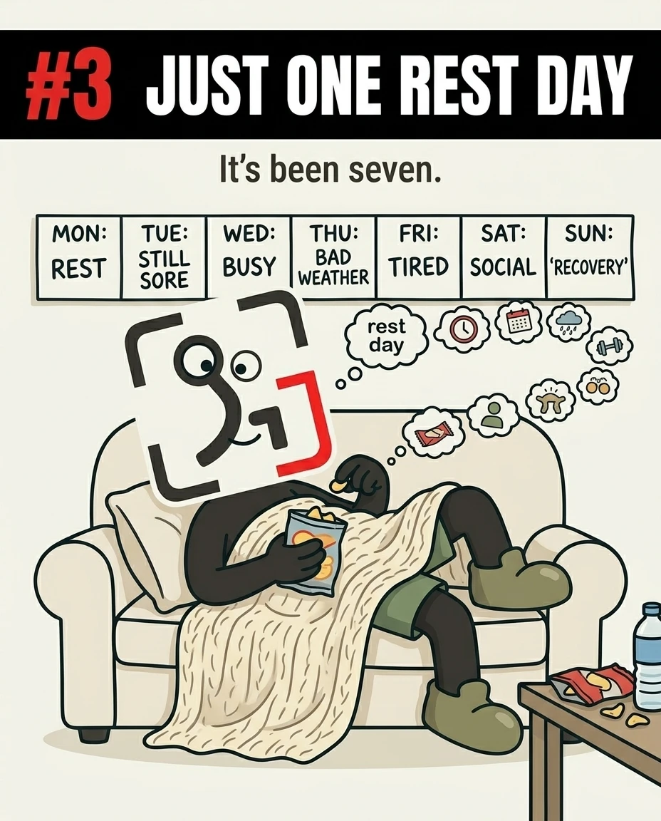 The GainFrame mascot relaxes on a couch under a blanket eating chips, thinking of various excuses that turned a single rest day into a full week off.