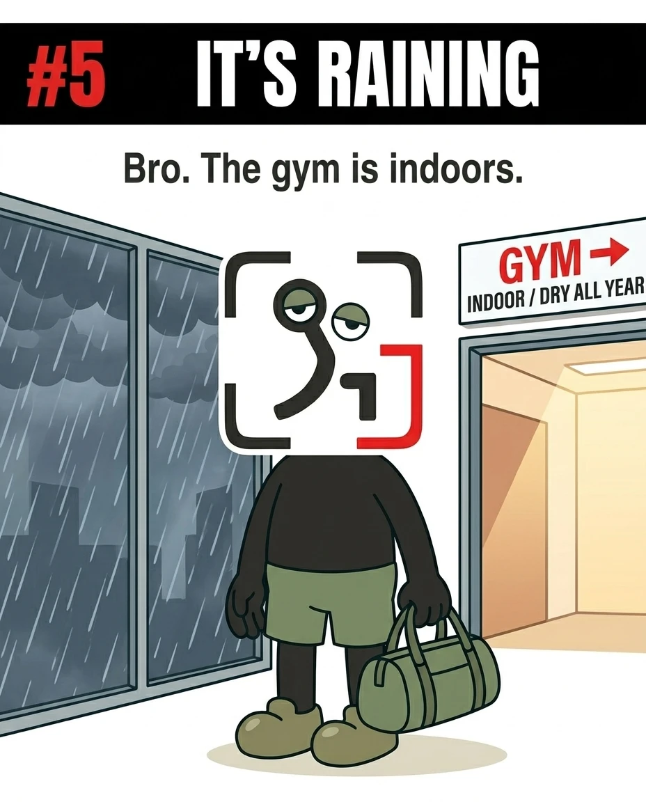 The GainFrame mascot stands holding a gym bag next to a window with heavy rain, ignoring the sign pointing to an indoor gym, showing how people use bad weather as an excuse.