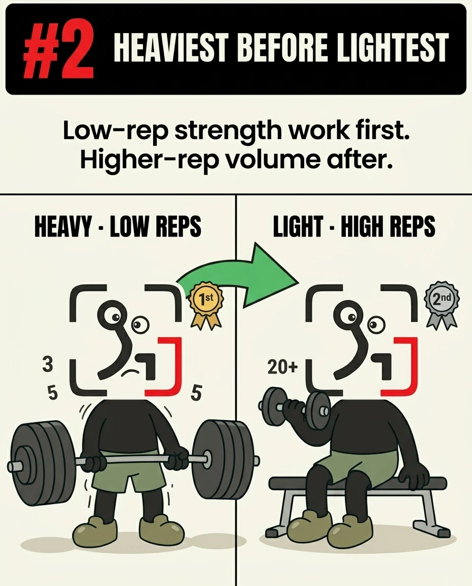 A split screen shows the GainFrame mascot struggling with a heavy barbell deadlift labeled '1st' on the left, and performing light dumbbell curls on a bench labeled '2nd' on the right, emphasizing doing heavy, low-rep strength work before high-rep volume.