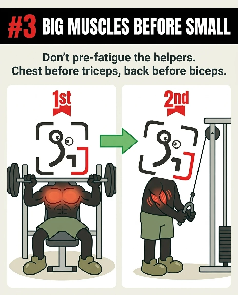 A split screen shows the GainFrame mascot performing a bench press with highlighted chest muscles labeled '1st', followed by a tricep pushdown with highlighted tricep muscles labeled '2nd', showing that larger muscle groups should be trained before smaller helper muscles.