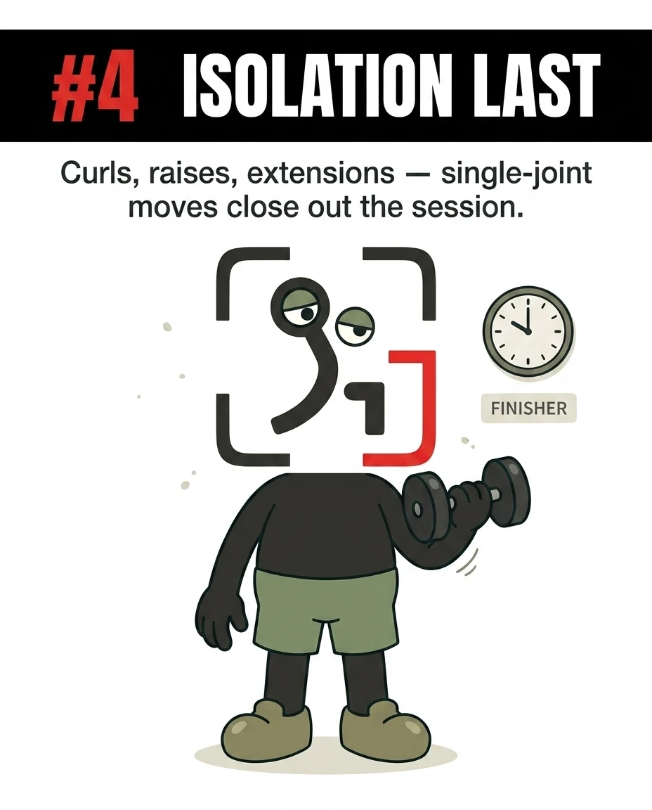 The tired GainFrame mascot performs a single-arm dumbbell curl next to a clock and a 'Finisher' label, demonstrating that single-joint isolation exercises should be saved for the end of a workout.