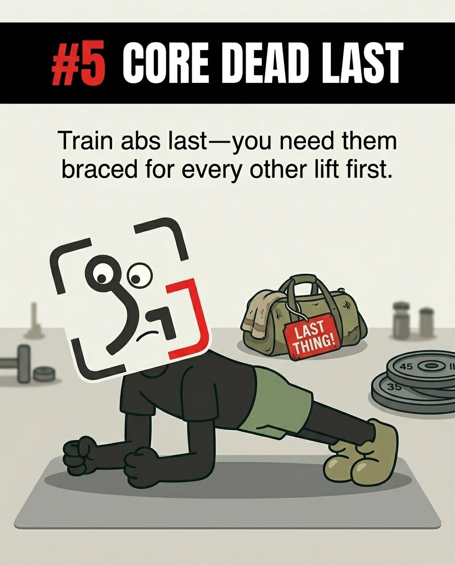 The GainFrame mascot performs a plank on a mat next to a gym bag labeled 'Last Thing!', illustrating that core training should be done at the very end of a workout to keep the abs fresh for bracing during other lifts.