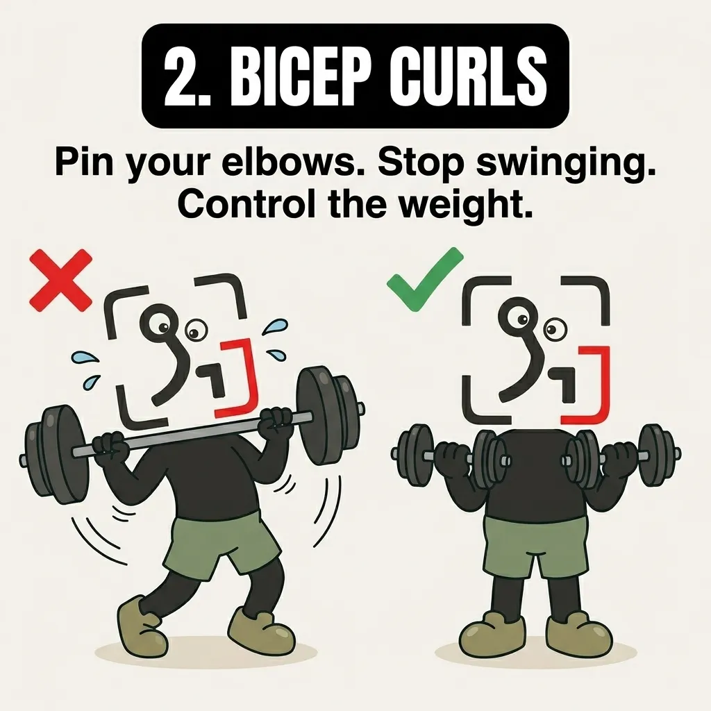 The GainFrame mascot shows the wrong way to do bicep curls by swinging a heavy barbell, compared to the correct form of keeping elbows pinned and controlling dumbbells.