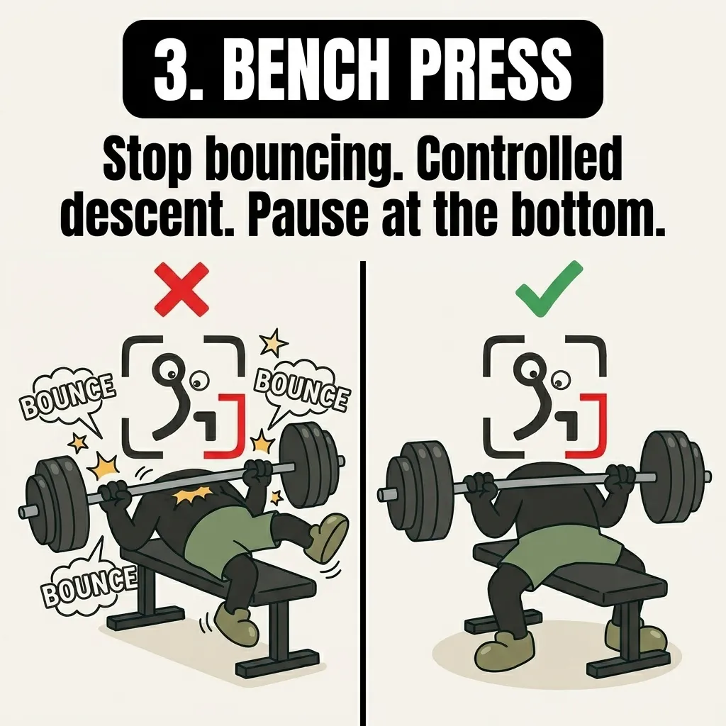 The GainFrame mascot illustrates the incorrect bench press technique of bouncing the barbell off the chest, contrasted with the correct method of a controlled descent and a brief pause at the bottom.