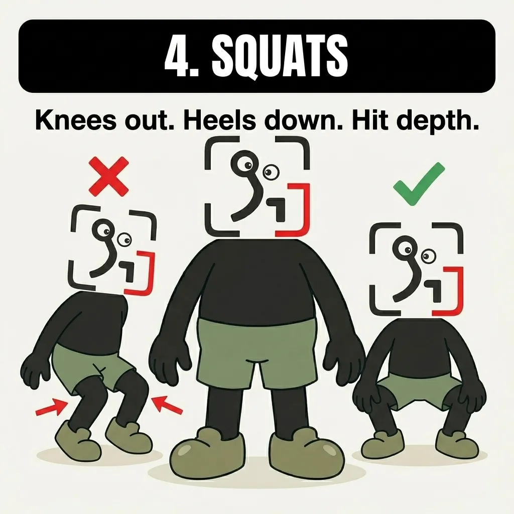The GainFrame mascot demonstrates the wrong squat form with knees caving inward and heels lifted, next to the correct form of keeping knees out, heels down, and hitting proper depth.
