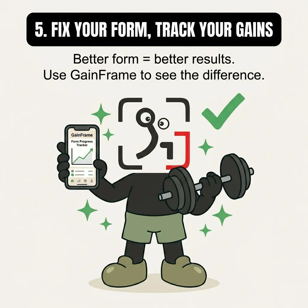 The GainFrame mascot holds a smartphone displaying a progress tracker app in one hand and a dumbbell in the other, emphasizing that better form leads to better results.