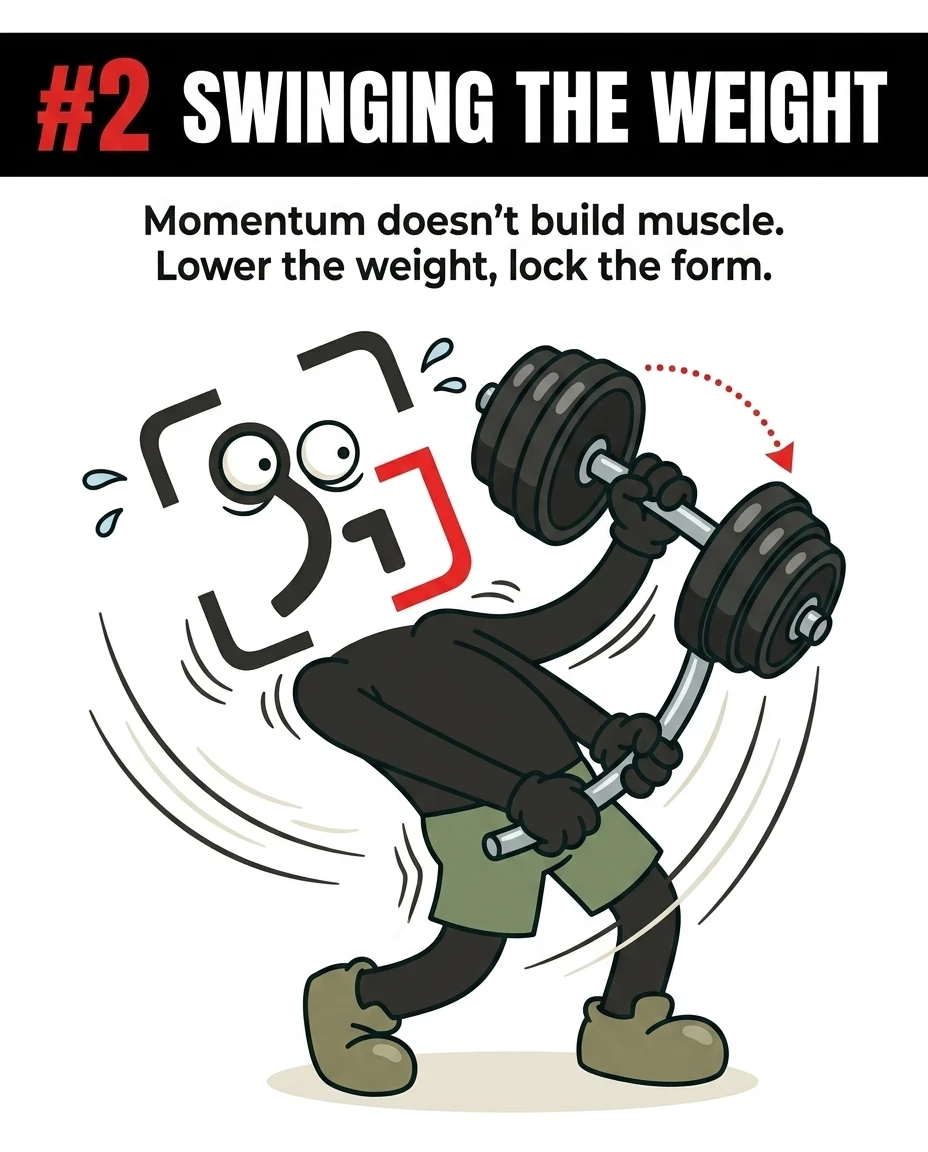 The GainFrame mascot struggles and swings a heavy barbell using momentum, showing how poor form reduces bicep activation.