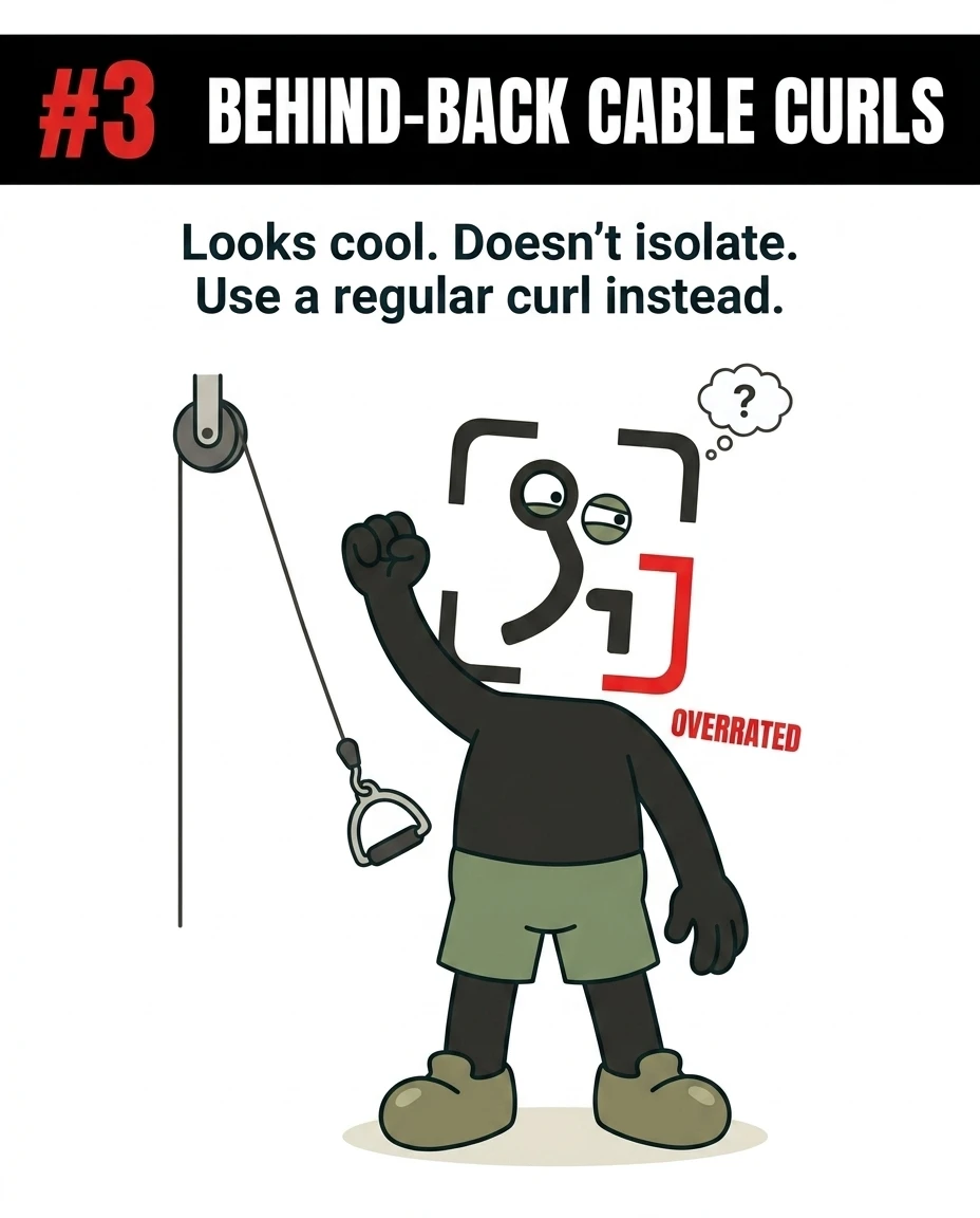 The GainFrame mascot looks confused while attempting a behind-the-back cable curl, highlighting that standard curls are more effective.