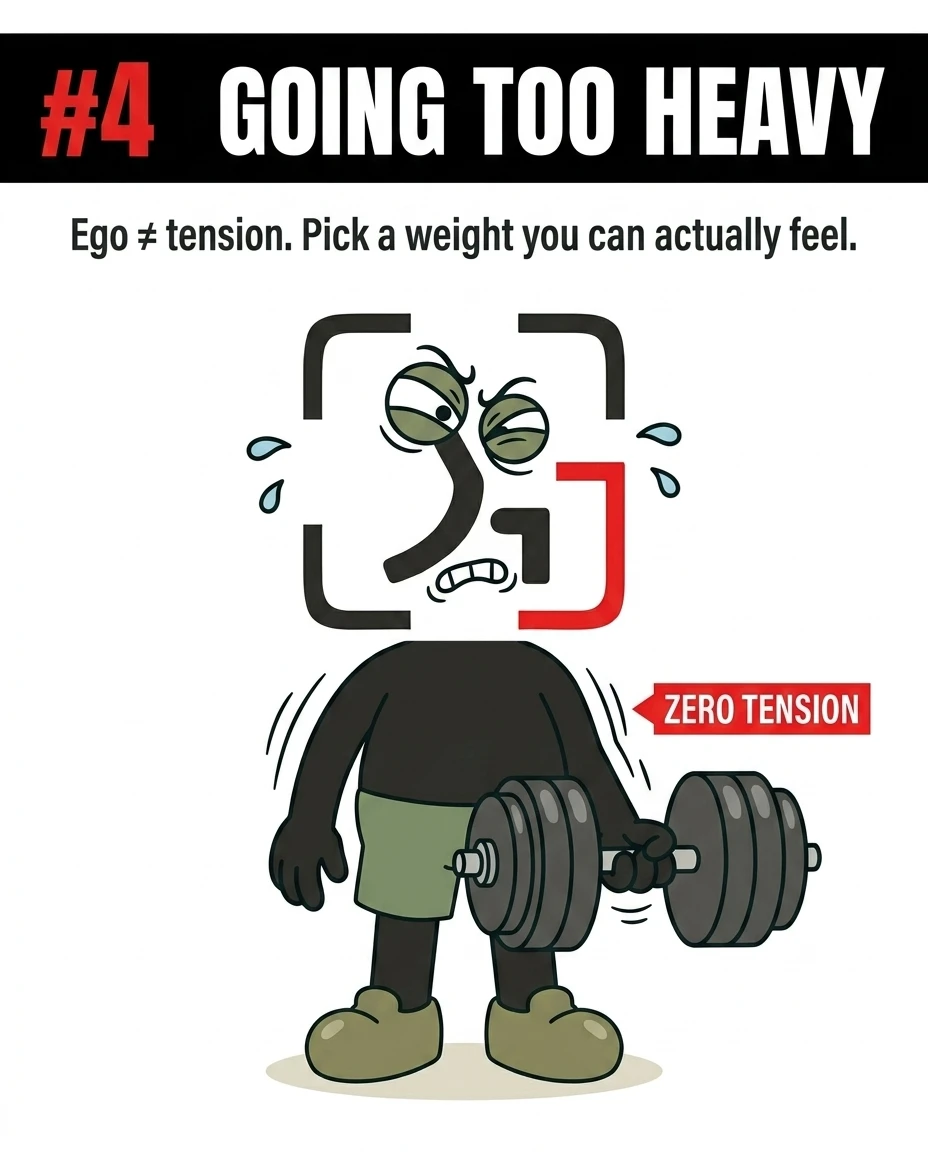 The GainFrame mascot strains and sweats while holding an excessively heavy dumbbell, demonstrating that lifting too heavy reduces muscle tension.