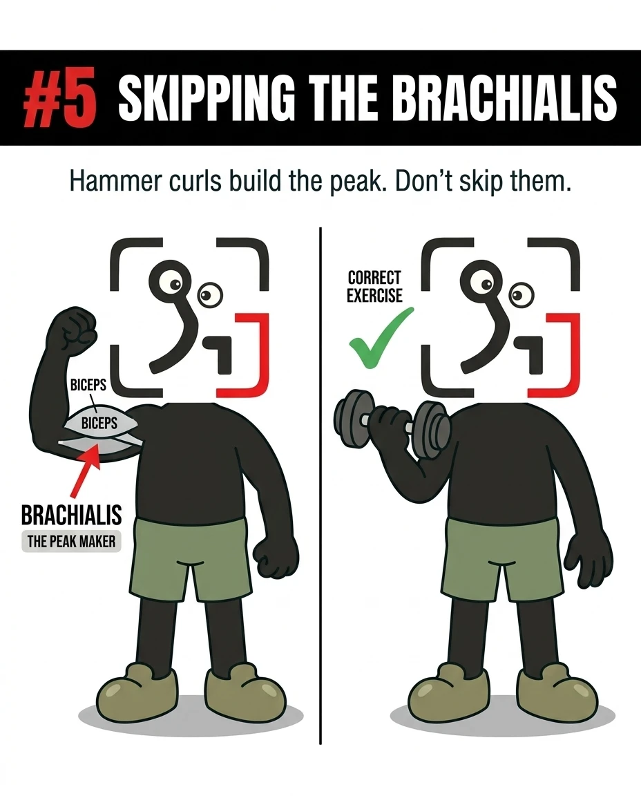A side-by-side comparison shows the GainFrame mascot's arm anatomy highlighting the brachialis muscle next to the correct exercise, hammer curls.
