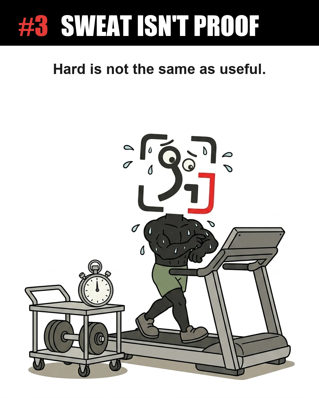The sweating GainFrame mascot walks on a treadmill while checking his watch next to a timer, showing that sweating and hard work do not guarantee useful results.