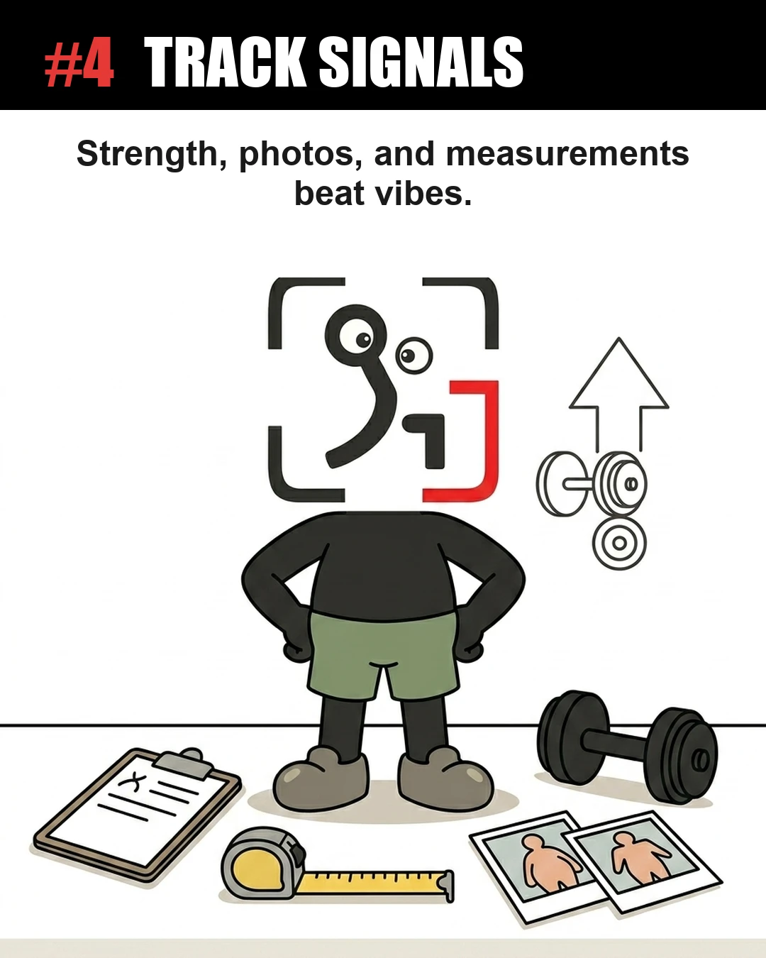 The GainFrame mascot stands surrounded by objective tracking tools like a clipboard, tape measure, progress photos, and dumbbells to emphasize tracking real metrics over feelings.