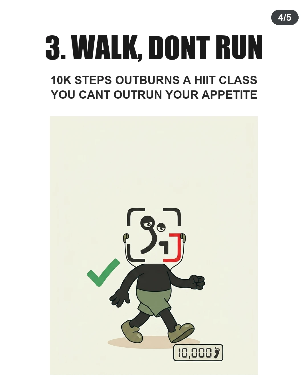 The GainFrame mascot walks happily with headphones on next to a step counter showing 10,000 steps, highlighting walking as a superior fat loss strategy to running.