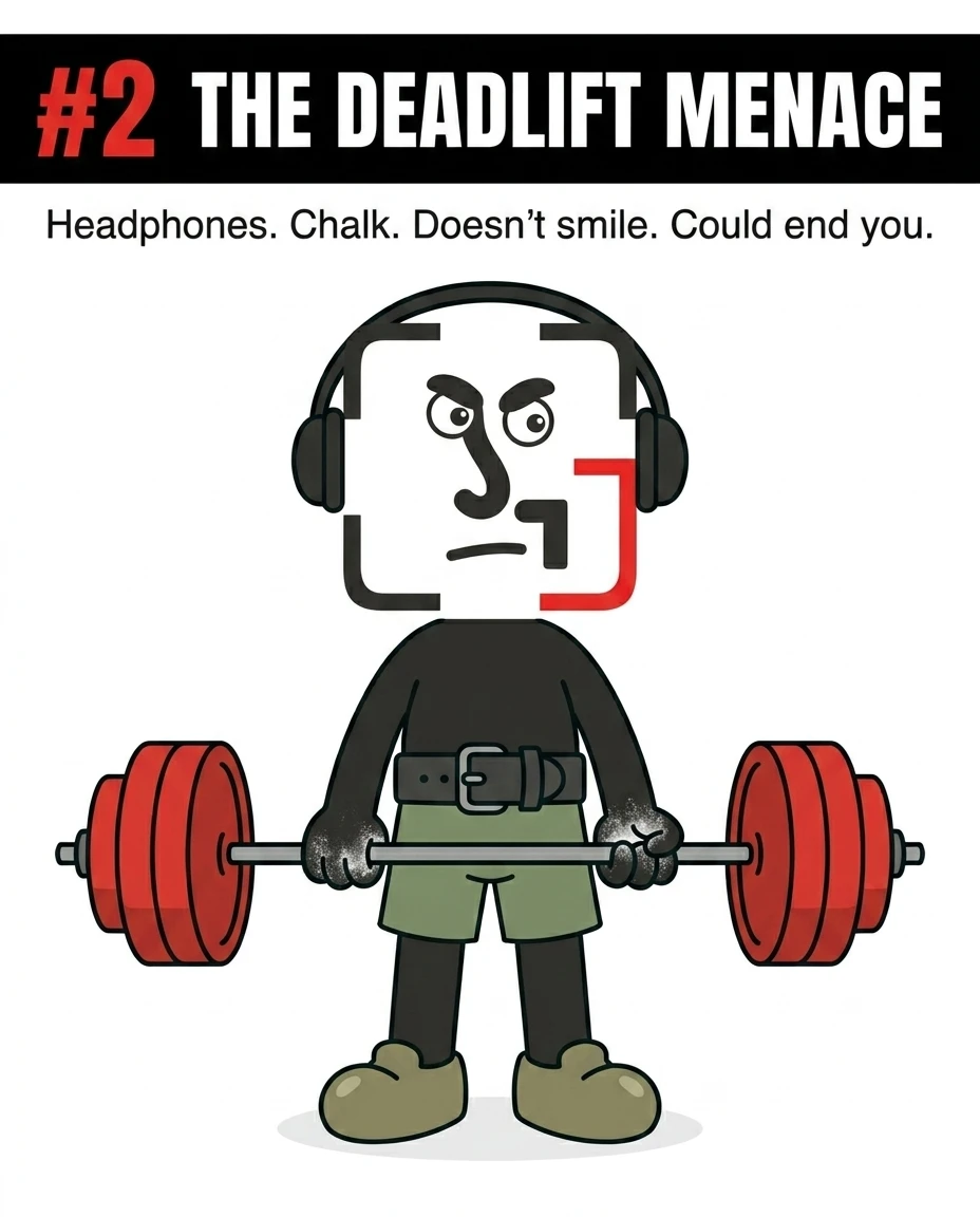 The GainFrame mascot wears headphones and a lifting belt while holding a heavy barbell with a serious, unsmiling expression, representing the intense "Deadlift Menace."