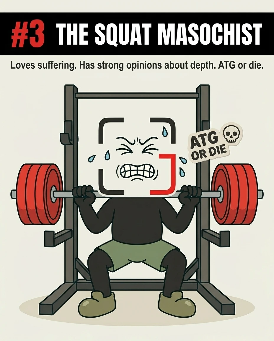 The GainFrame mascot strains intensely while performing a deep squat in a rack, representing the "Squat Masochist" who values maximum depth above all else.