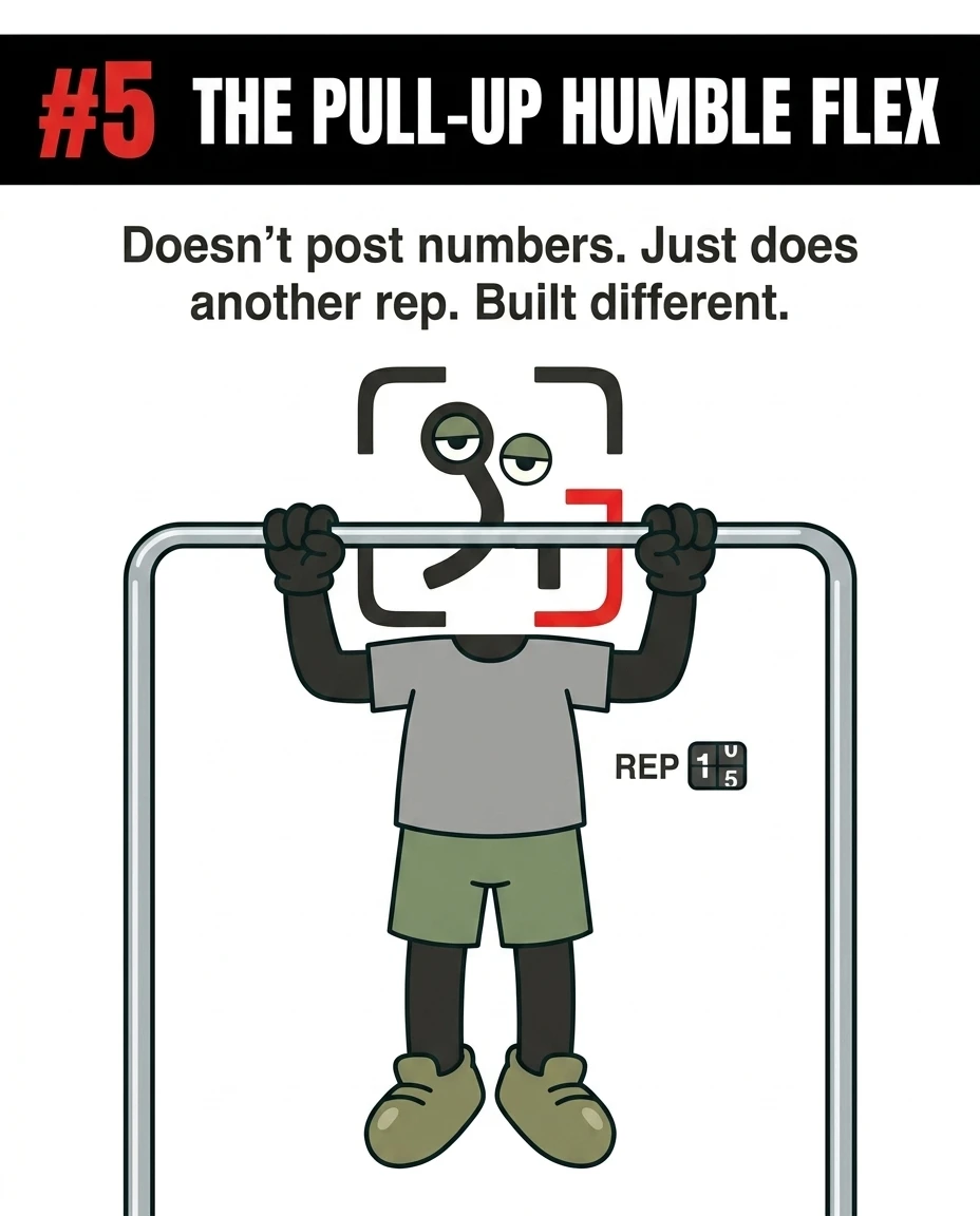 The GainFrame mascot calmly performs a pull-up on a bar with a counter showing fifteen reps, representing the quiet confidence of the "Pull-Up Humble Flex" archetype.
