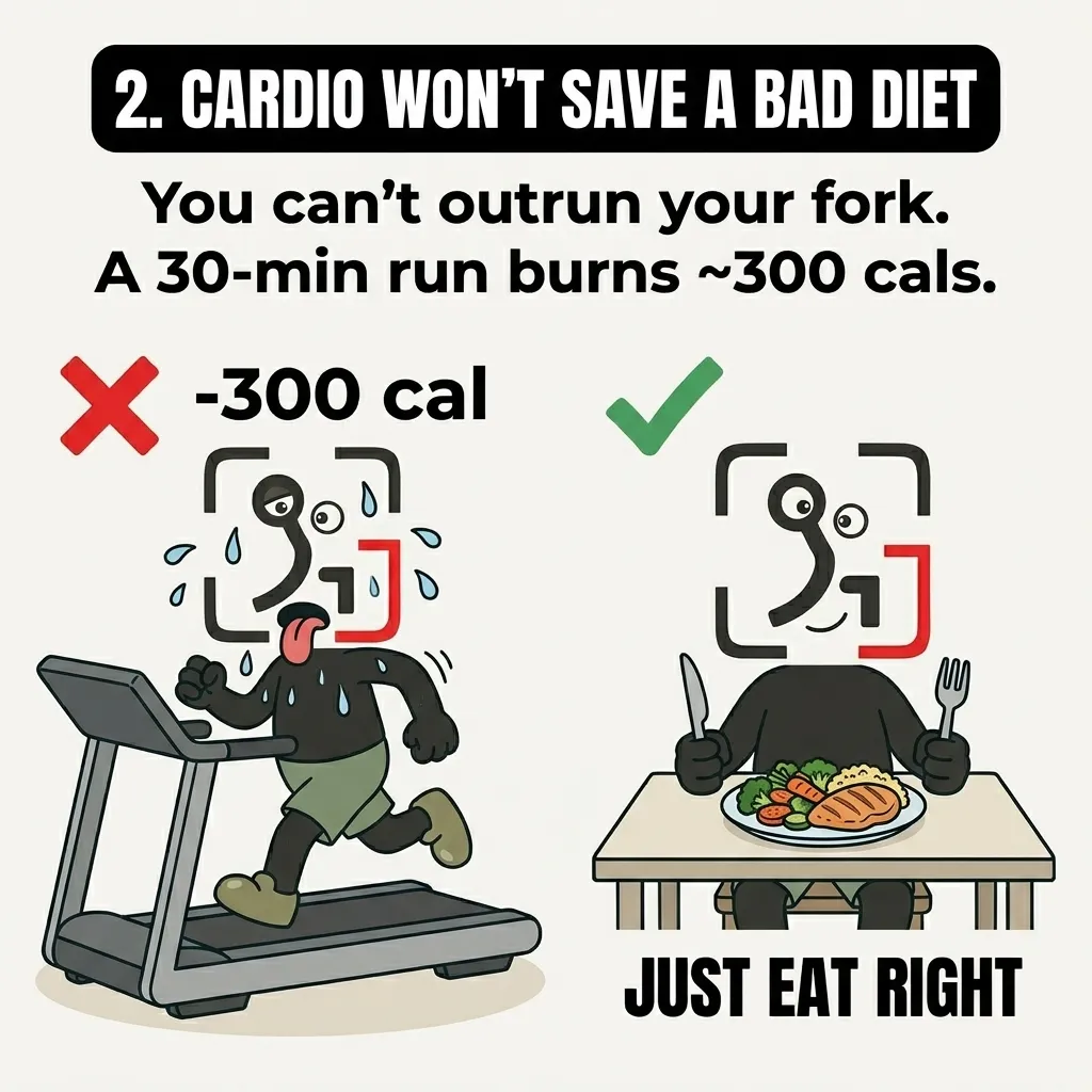 The GainFrame mascot runs exhaustedly on a treadmill next to a red cross and happily eats a healthy meal next to a green checkmark, showing that diet is more effective than cardio.