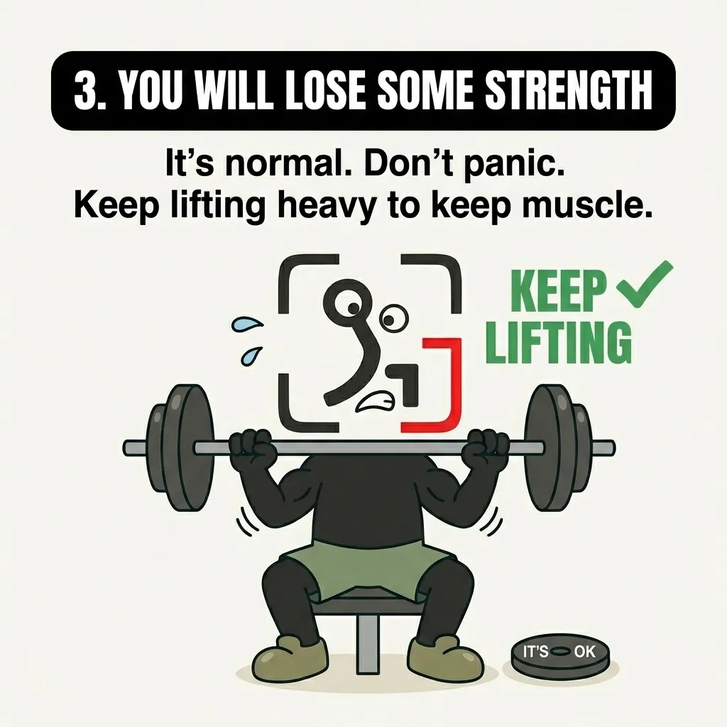 The GainFrame mascot struggles to bench press a heavy barbell, emphasizing that continuing to lift heavy preserves muscle despite normal strength loss.