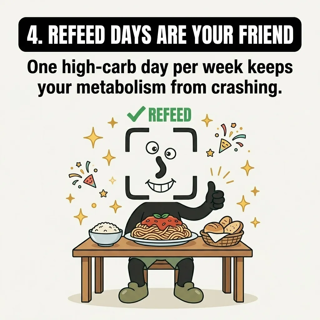 The GainFrame mascot happily eats a high-carb meal of pasta and bread, illustrating how weekly refeed days help maintain metabolic health.