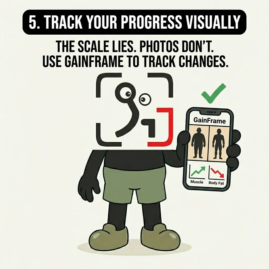 The GainFrame mascot holds up a smartphone showing visual progress tracking, highlighting the importance of visual tracking over scale weight.