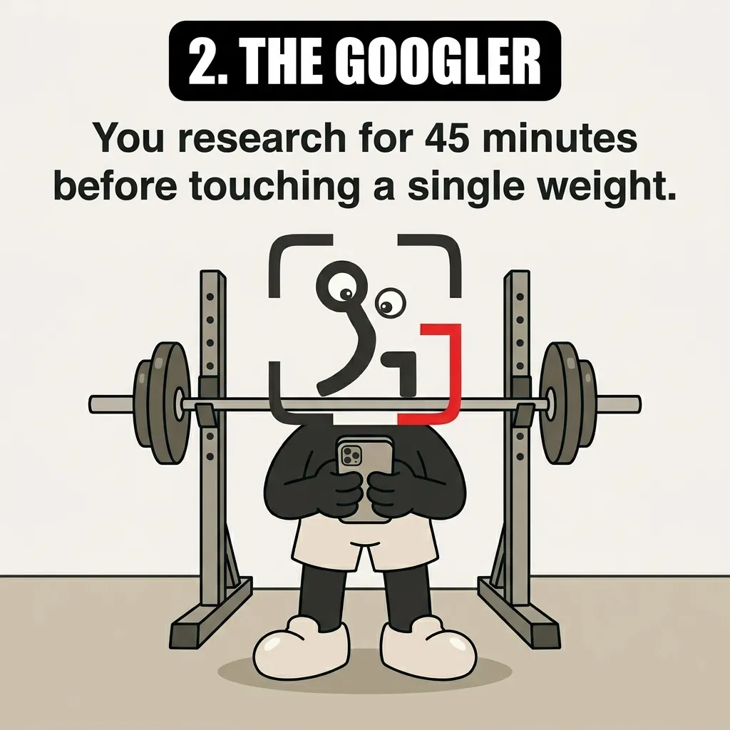 The GainFrame mascot stands in front of a barbell rack looking at a smartphone, illustrating the stage of over-researching before starting a workout.