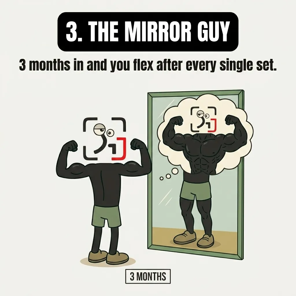 The GainFrame mascot flexes in front of a mirror, imagining a highly muscular physique after just three months of training.