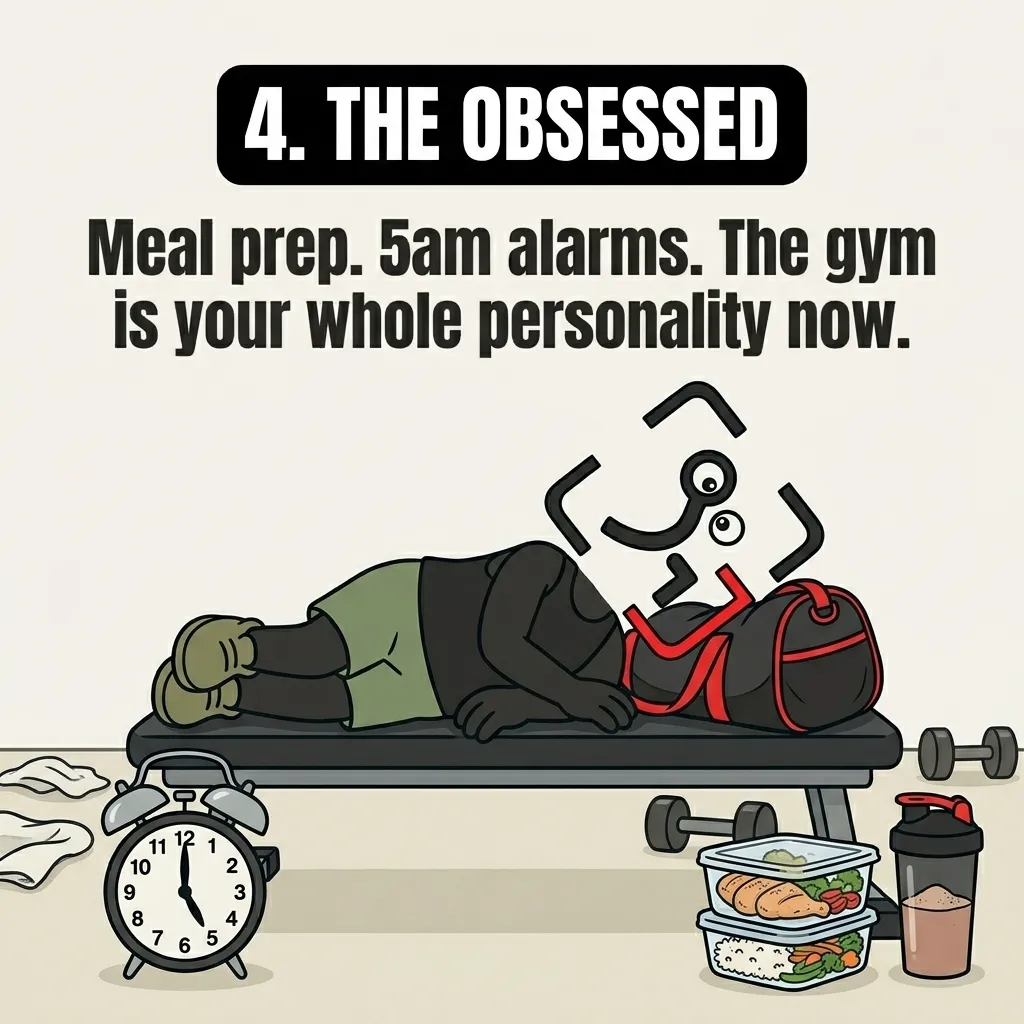 The GainFrame mascot sleeps on a gym bench next to an alarm clock set for 5:00 AM and meal prep containers, showing the stage where fitness becomes an obsession.