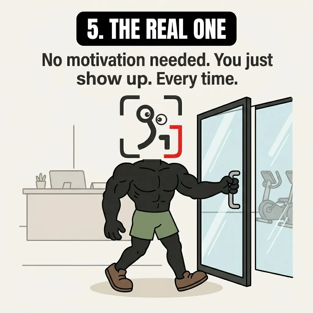 A muscular GainFrame mascot confidently opens the door to enter the gym, representing the final stage of consistent, disciplined habit.