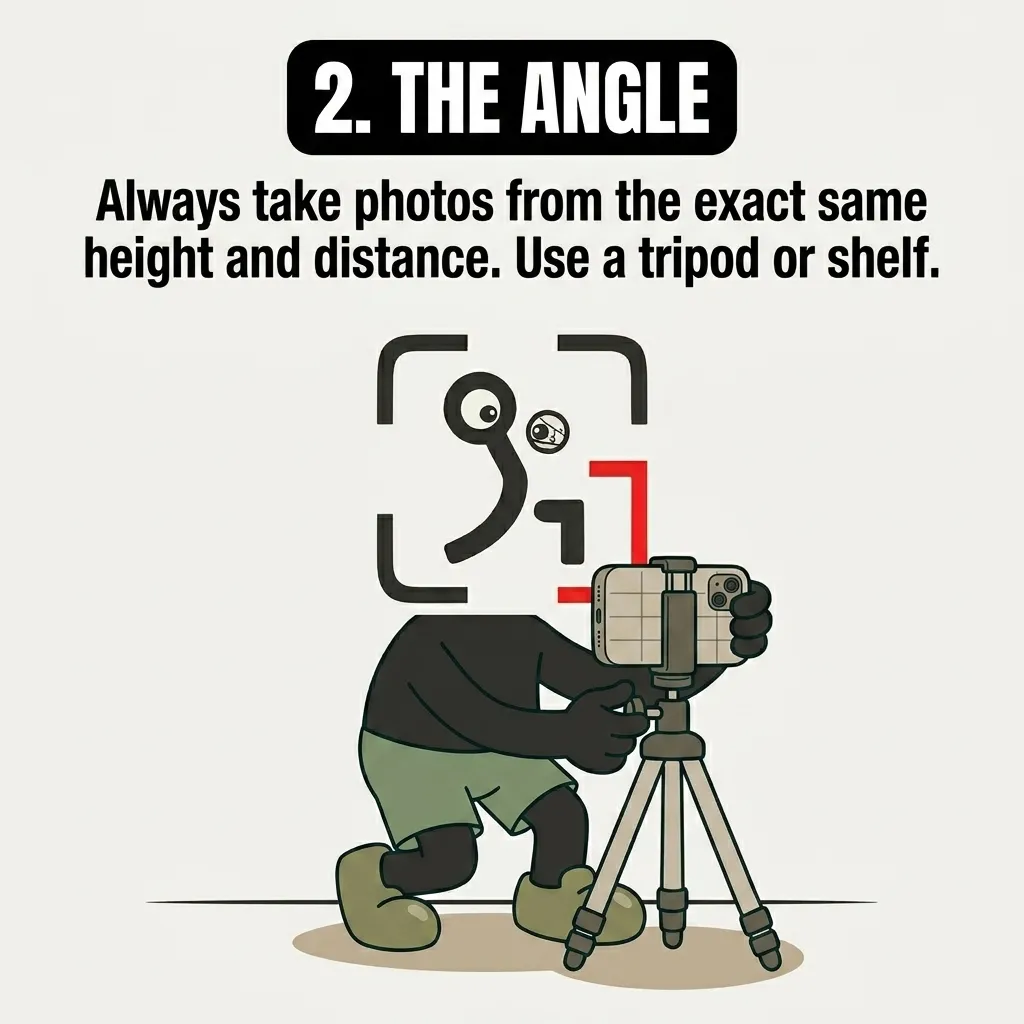 The GainFrame mascot sets up a smartphone on a tripod to show the importance of consistent photo angles.