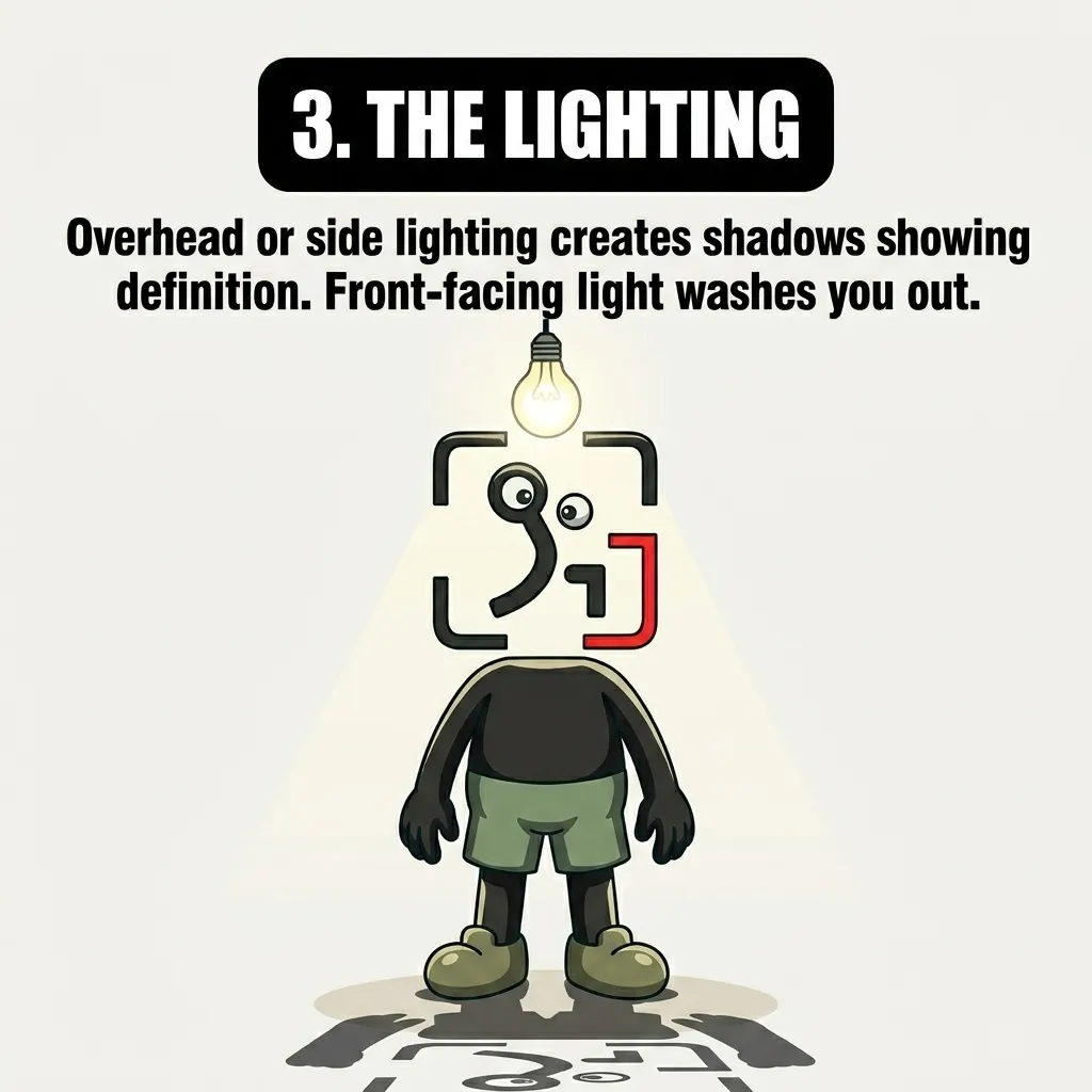 The GainFrame mascot stands under an overhead lightbulb, demonstrating how top-down lighting highlights muscle definition.