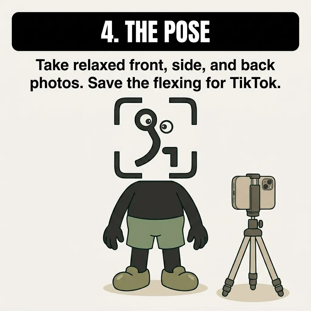 The GainFrame mascot stands relaxed in front of a camera tripod, emphasizing the need for natural, unflexed poses.