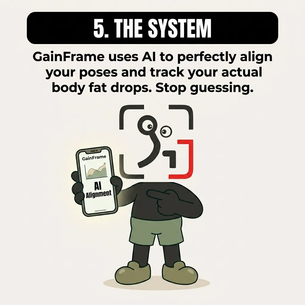 The GainFrame mascot points to a smartphone displaying the GainFrame app, showcasing AI-powered pose alignment.