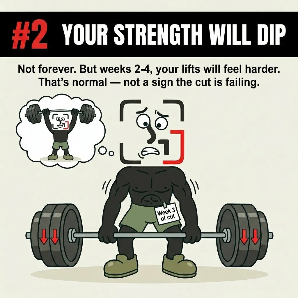 The GainFrame mascot struggles with a heavy barbell during week three of a cut, illustrating the temporary dip in strength.