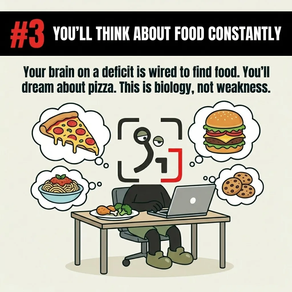 The GainFrame mascot works at a laptop with a healthy meal while surrounded by thought bubbles of junk food, depicting constant food focus during a cut.