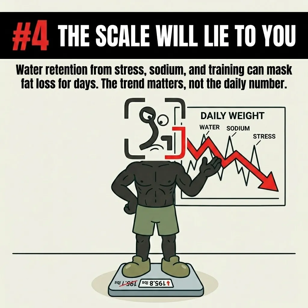 The GainFrame mascot stands on a scale pointing to a fluctuating weight chart, emphasizing that overall trends matter more than daily scale fluctuations.