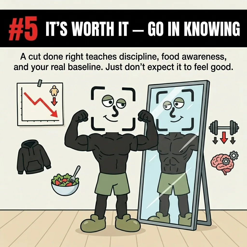 The GainFrame mascot flexes in front of a mirror, surrounded by symbols of the journey, highlighting that the discipline gained makes the process worth it.