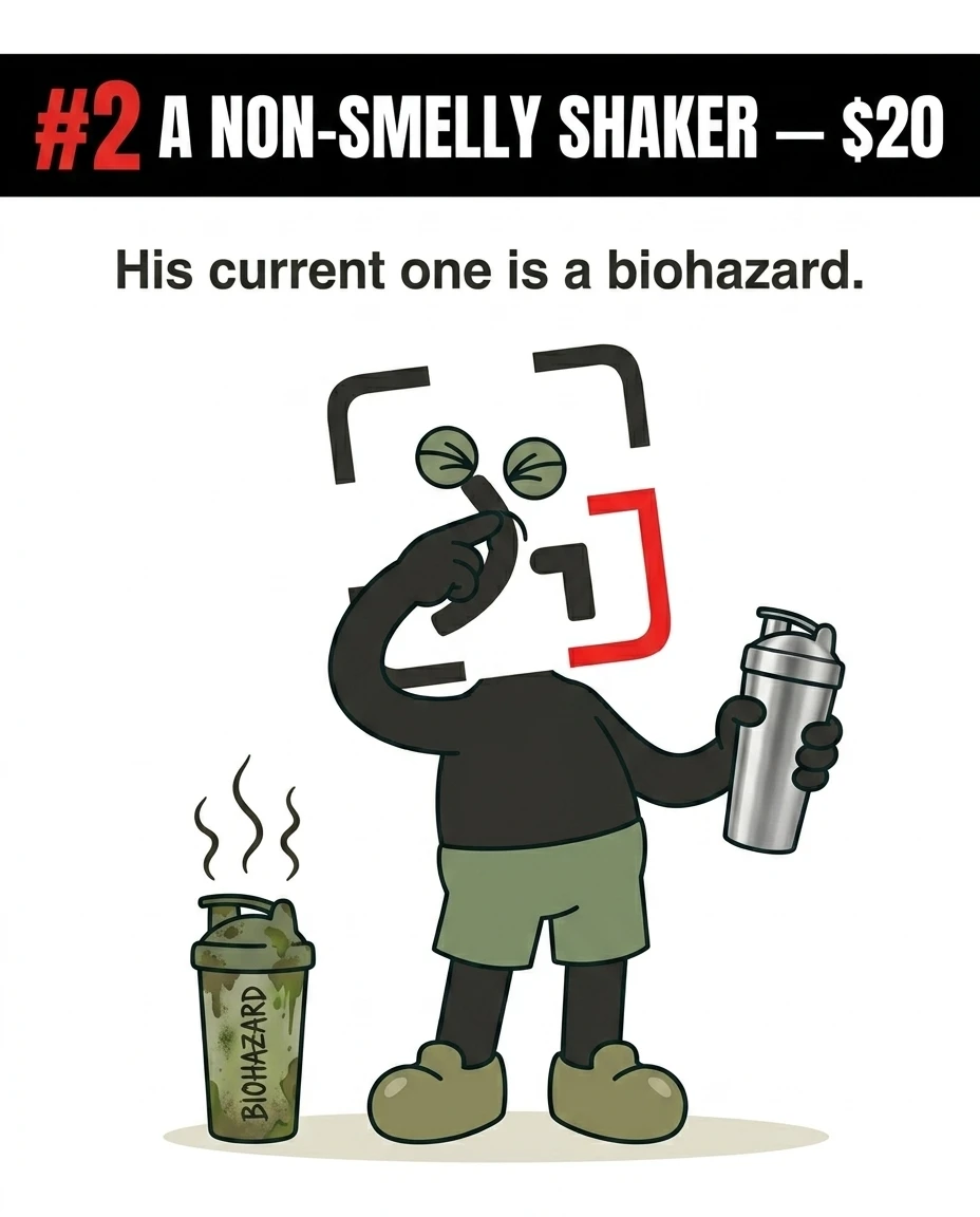 The GainFrame mascot pinches his nose in disgust next to a smelly, dirty shaker labeled "Biohazard" while holding a clean, stainless steel shaker bottle.