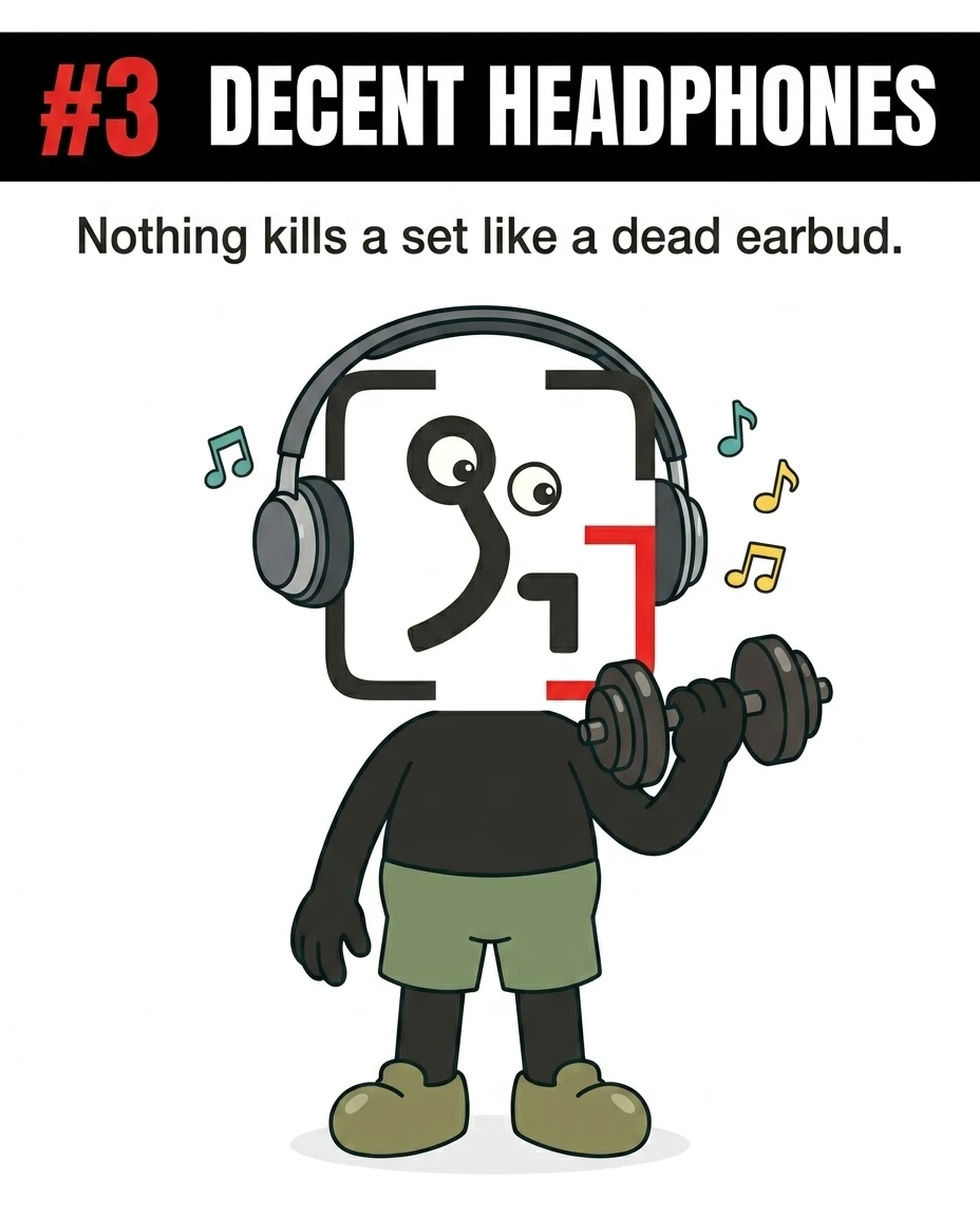 The GainFrame mascot wears over-ear headphones and happily lifts a dumbbell, highlighting headphones as a great gift to keep workouts energized.