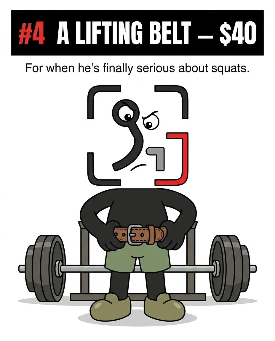 The GainFrame mascot wears a sturdy brown leather lifting belt in front of a loaded barbell, showing it as a gift for serious squatting.