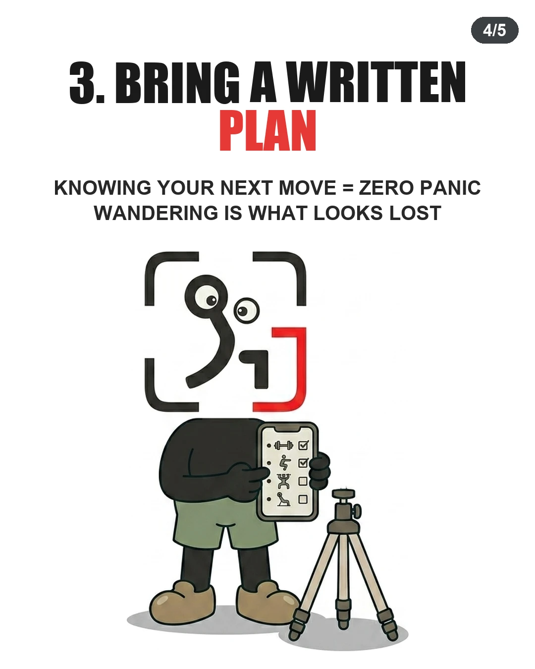 The GainFrame mascot points to a workout checklist on a smartphone next to a camera tripod, emphasizing the importance of having a structured plan.