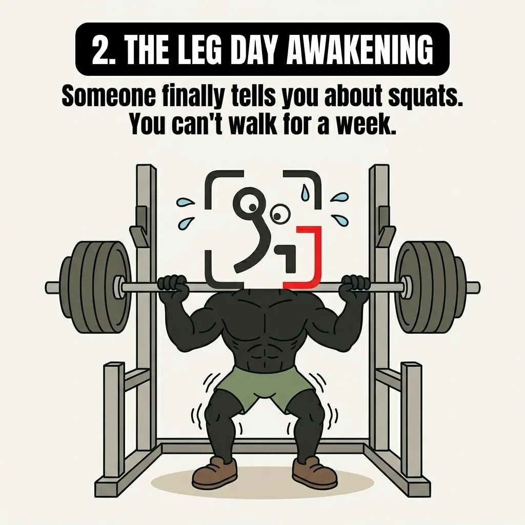 The GainFrame mascot struggles and sweats while performing a heavy barbell squat, illustrating the painful awakening of starting leg day.